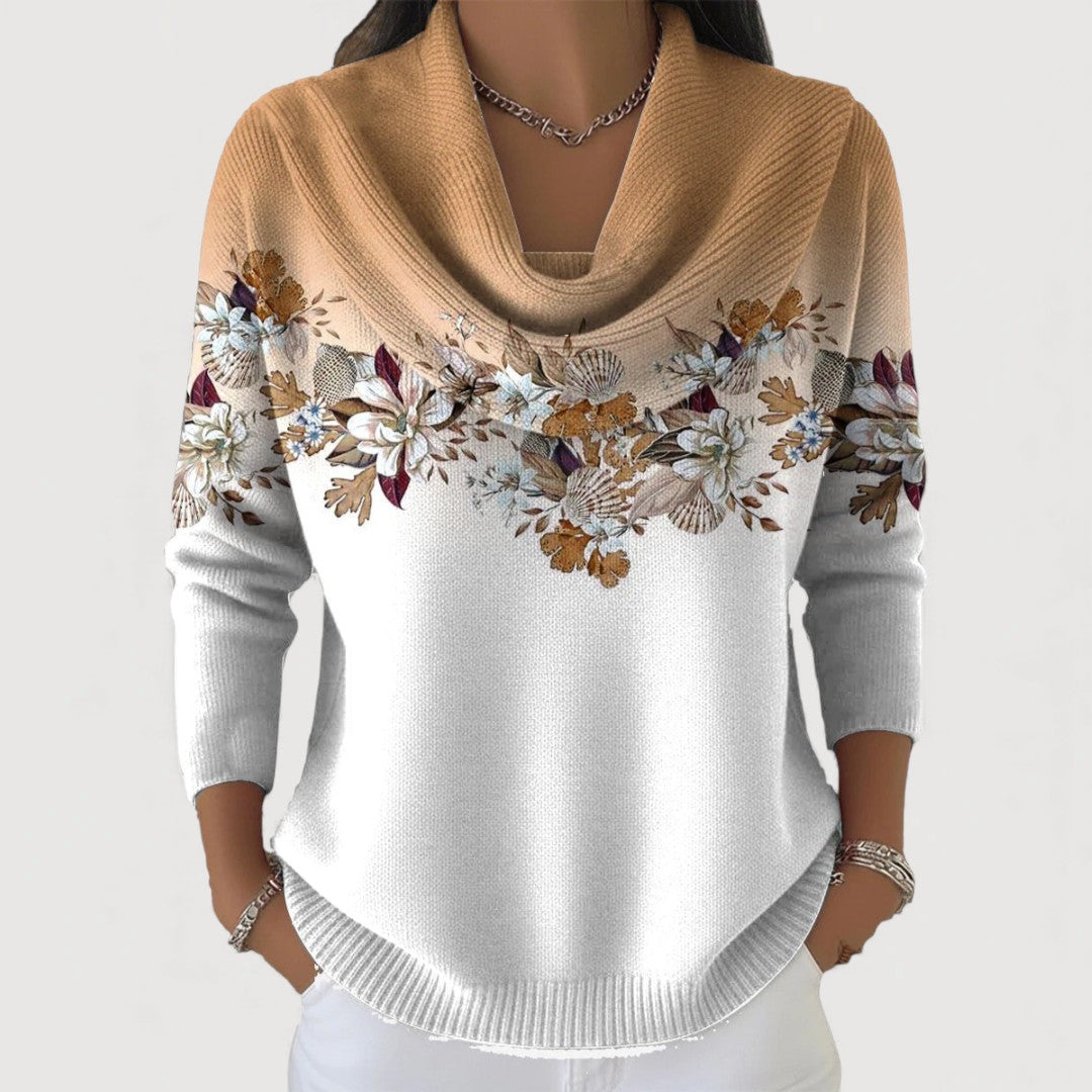 Women's cowl-neck pullover with camel knit and floral chest print, long sleeves