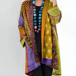 Multicolor knit cardigan with open front and long sleeves, yellow and purple patchwork