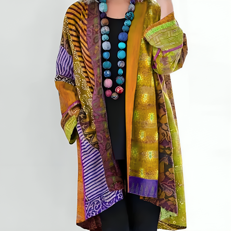 Multicolor knit cardigan with open front and long sleeves, yellow and purple patchwork