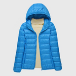 Ultralight puffer jacket with hood, bright blue, full front zip