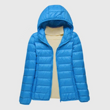 Ultralight puffer jacket with hood, bright blue, full front zip