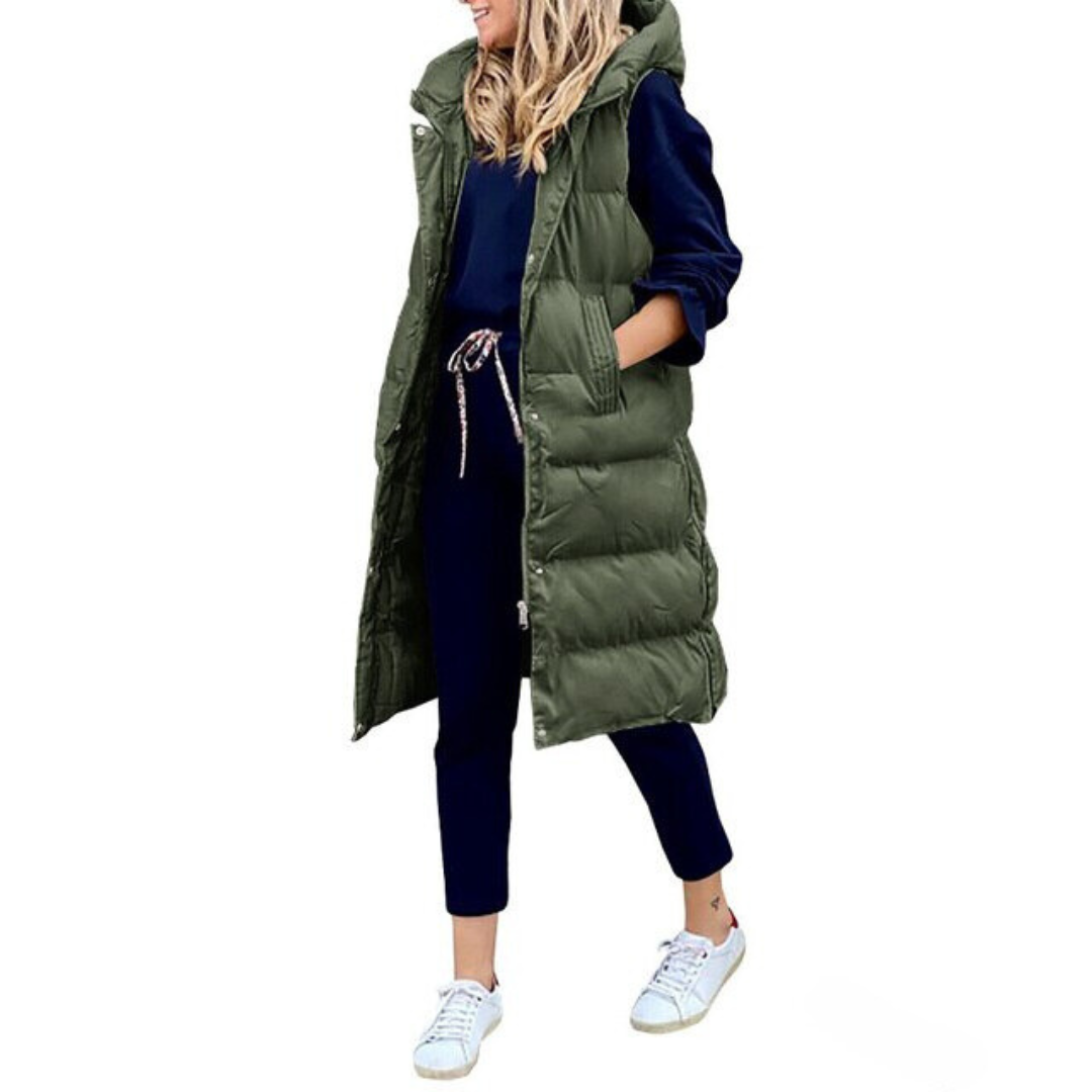 Long quilted body warmer vest, dark green with button-front and sleeveless design