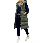 Long quilted body warmer vest, dark green with button-front and sleeveless design