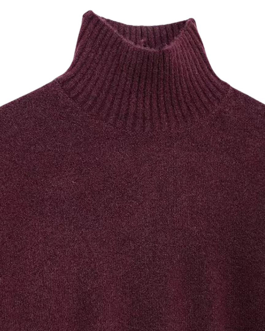 Burgundy ribbed knit turtleneck sweater detail, high neck