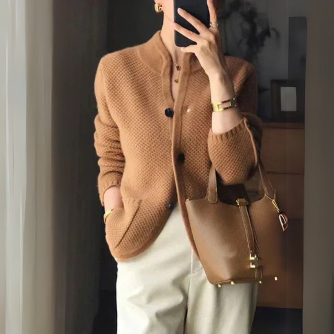 Caramel knit cardigan with button front, stand collar, long sleeves