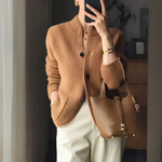 Caramel knit cardigan with button front, stand collar, long sleeves