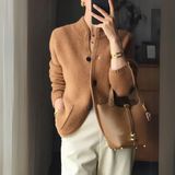Caramel knit cardigan with button front, stand collar, long sleeves
