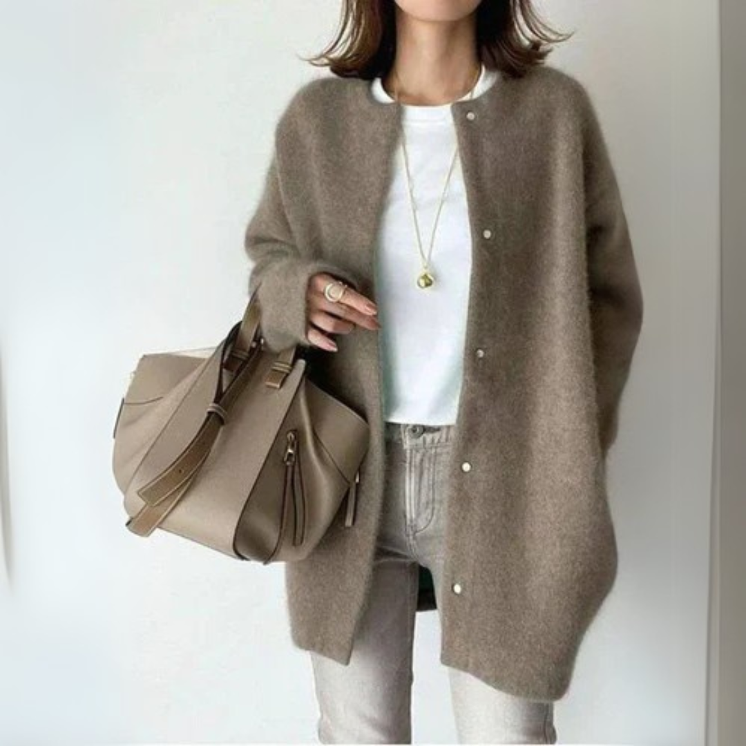 Gray open-front cardigan with long sleeves and snap-button placket
