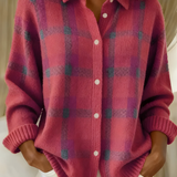 Pink plaid button-front cardigan sweater with collared neckline and long sleeves
