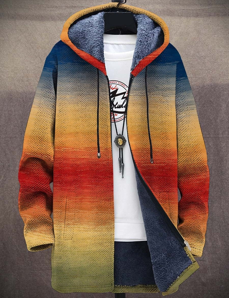 Multicolor striped zip-up cardigan hoodie with faux fur lining, drawstring hood