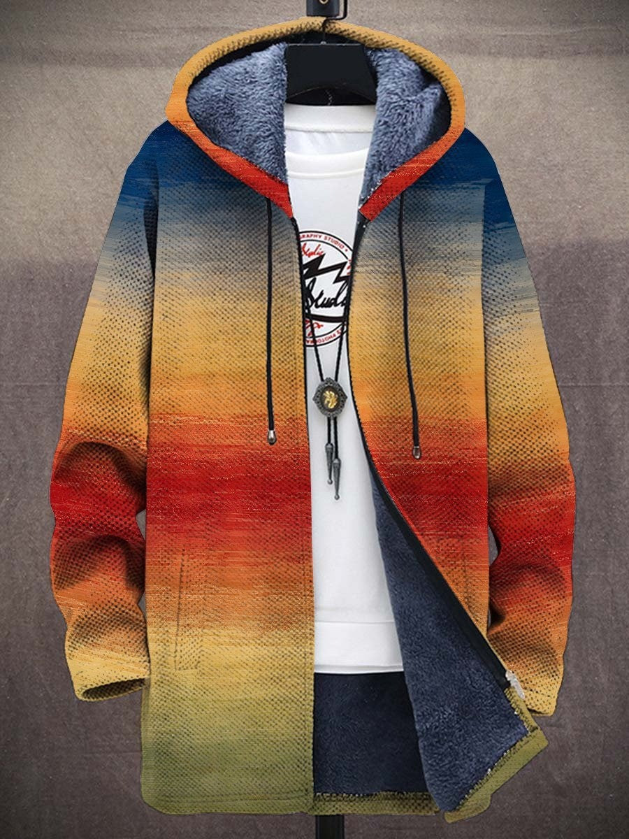 Multicolor striped zip-up cardigan hoodie with faux fur lining, drawstring hood
