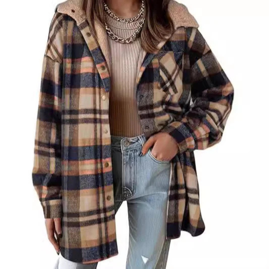 Plaid hooded shacket jacket with sherpa-lined collar, tan, black, and blue tones, button front