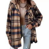 Plaid hooded shacket jacket with sherpa-lined collar, tan, black, and blue tones, button front