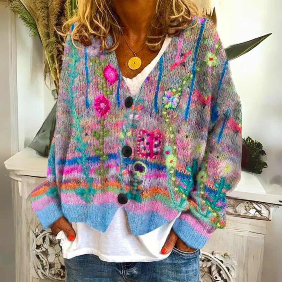 Multicolor knit sweater with V-neck, button front, and long sleeves, speckled flowers
