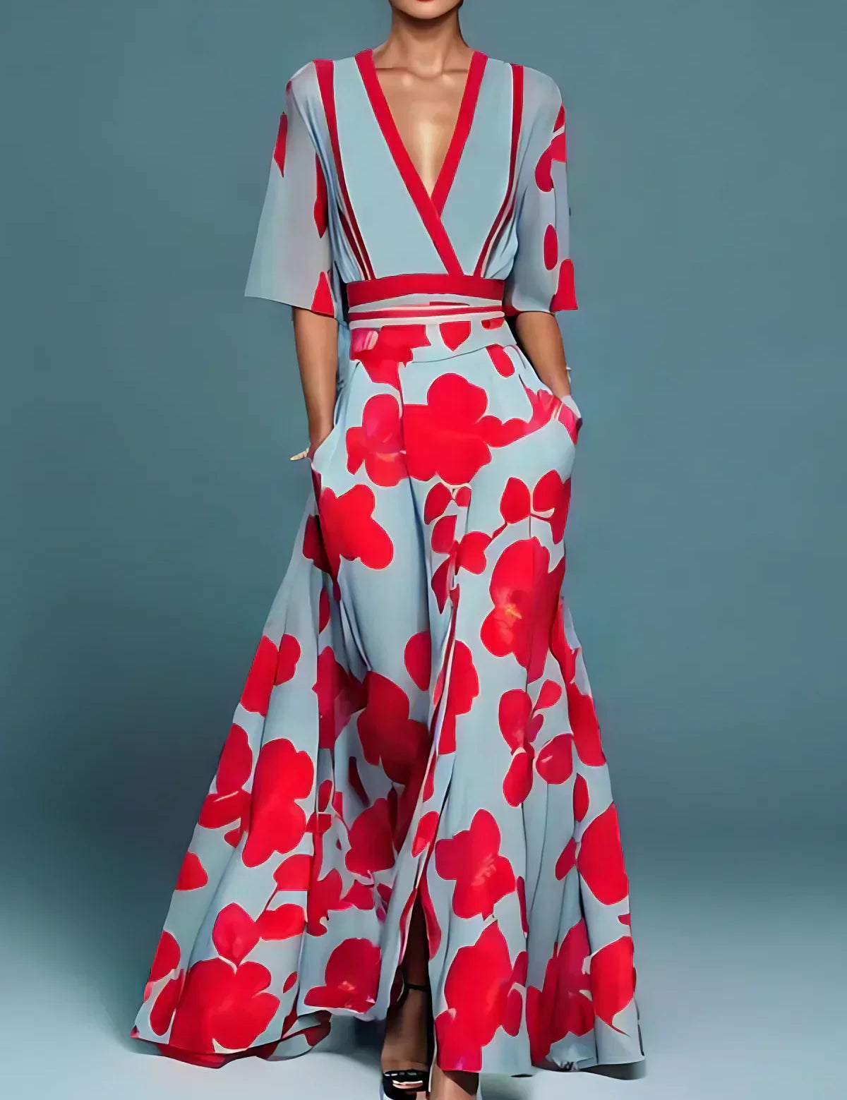 Elise™ elegant floral dress with V-neck, short sleeves, red and white print