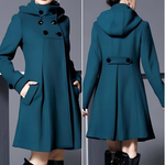 Teal hooded long coat close-up with double button front and flap pockets