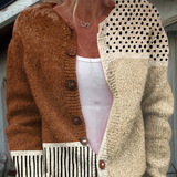Two-tone knit button-front cardigan with abstract polka-dot print panels, long sleeves