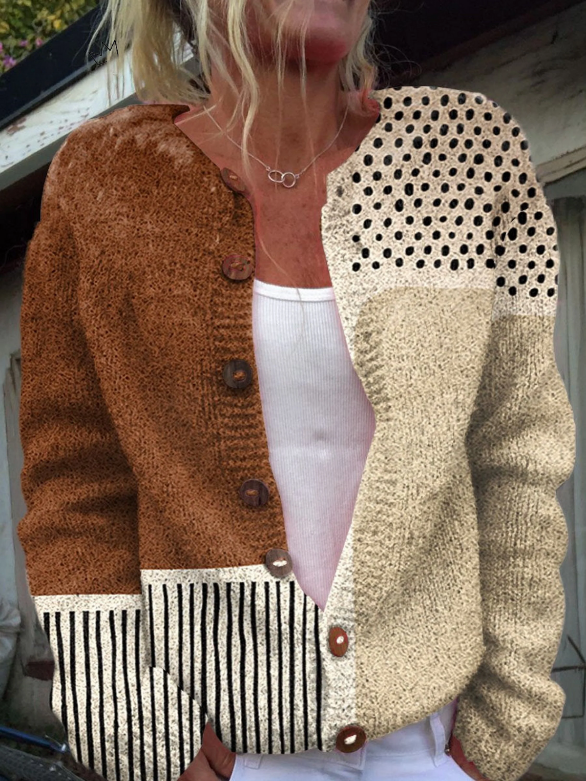 Two-tone knit button-front cardigan with abstract polka-dot print panels, long sleeves