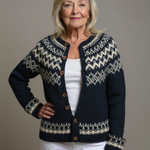 Hadley vintage knit cardigan in dark navy with cream Fair Isle pattern and wood-look buttons.