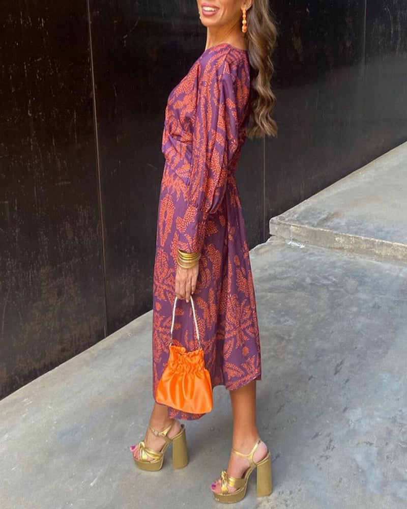 Lara™ elegant dress, purple with orange leaf print, long balloon sleeves, midi length