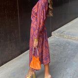 Lara™ elegant dress, purple with orange leaf print, long balloon sleeves, midi length