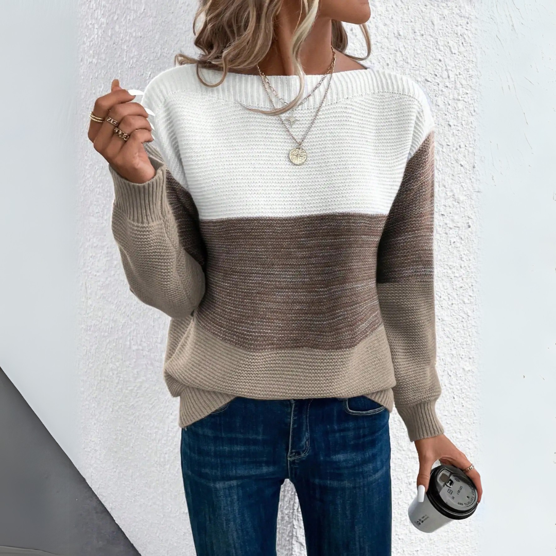 Three-color patchwork crewneck sweater, cream top with taupe brown lower section