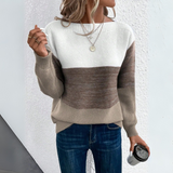 Three-color patchwork crewneck sweater, cream top with taupe brown lower section