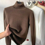 Brown fleece-lined turtleneck sweater with ribbed collar and cuffs