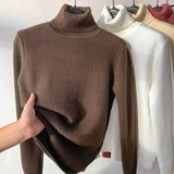 Brown fleece-lined turtleneck sweater with ribbed collar and cuffs