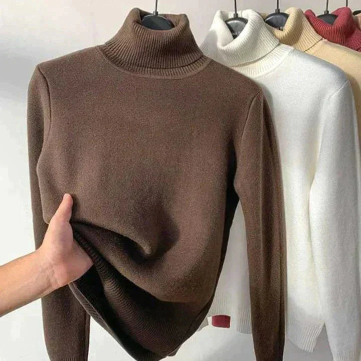 Brown fleece-lined turtleneck sweater with ribbed collar and cuffs