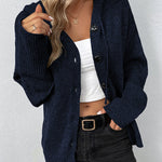 Women's knit hoodie cardigan with buttons, navy, long sleeves