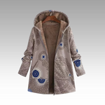 Beige hooded winter jacket with fleece lining, blue circular print, front zipper
