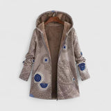 Khaki hooded parka jacket with abstract circular print, front zipper, warm lined hood.