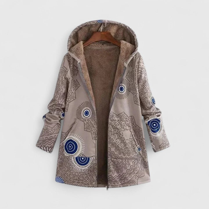 Khaki hooded parka jacket with abstract circular print, front zipper, warm lined hood.