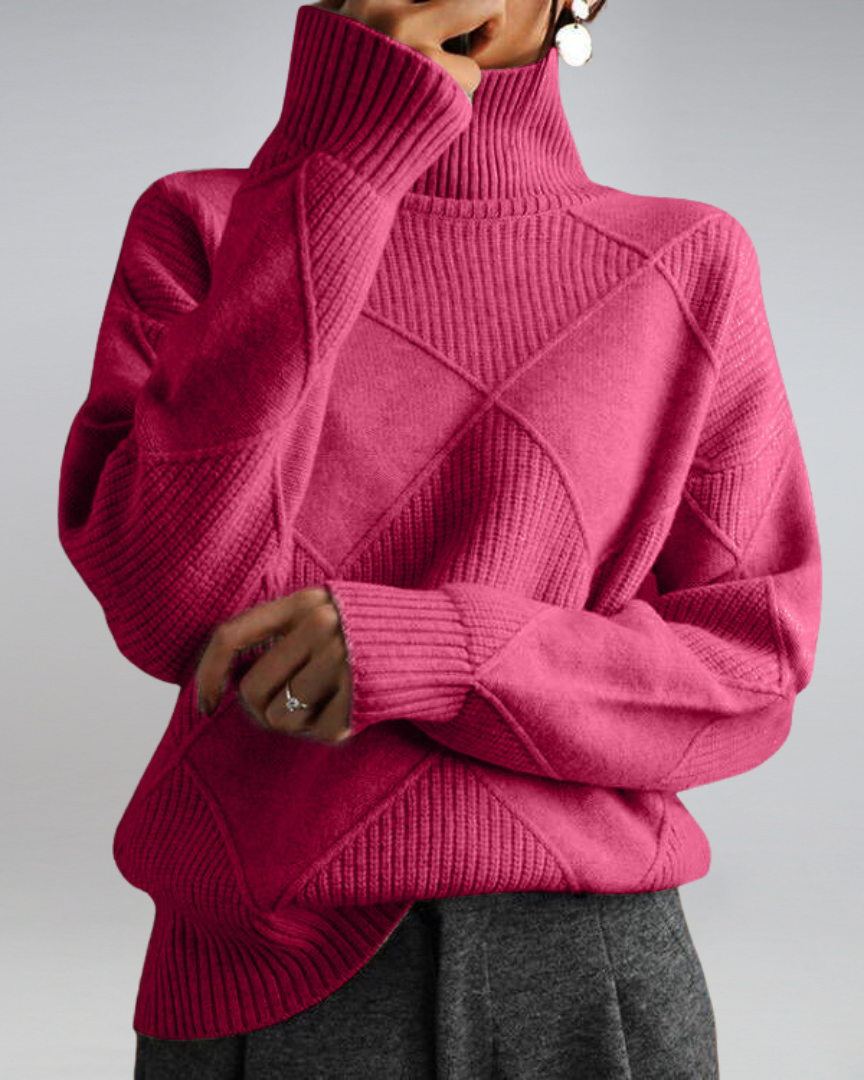 Pink ribbed turtleneck sweater with diamond knit pattern and long sleeves