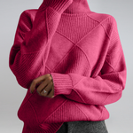 Pink ribbed turtleneck sweater with diamond knit pattern and long sleeves