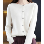 White button-front knit pullover with long sleeves and dark button placket
