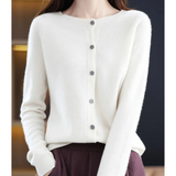 White button-front knit pullover with long sleeves and dark button placket