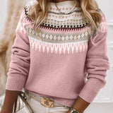 Pink knit pullover sweater with patterned yoke and ribbed cuffs