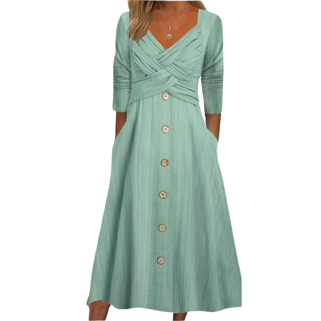 Green midi dress with V-neck, 3/4 sleeves, draped wrap bodice, button front