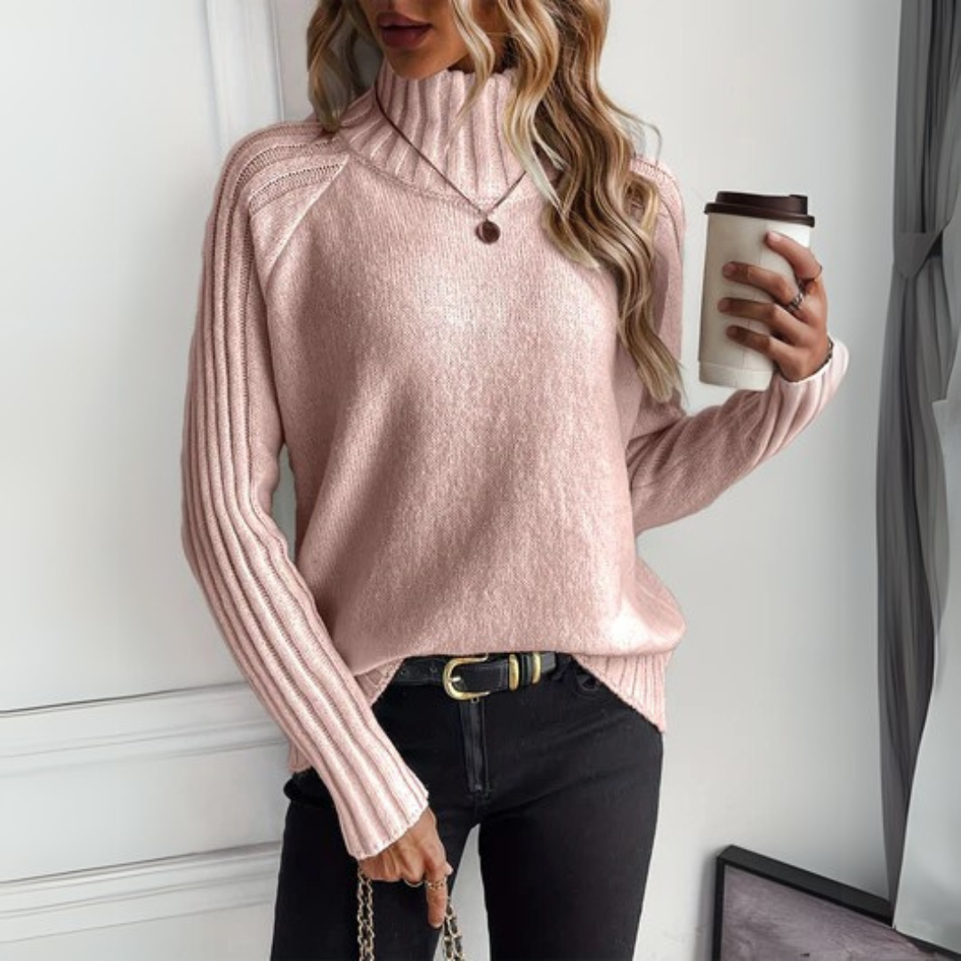 Blush pink knit turtleneck sweater, long sleeves, textured ribbed knit
