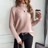 Blush pink knit turtleneck sweater, long sleeves, textured ribbed knit
