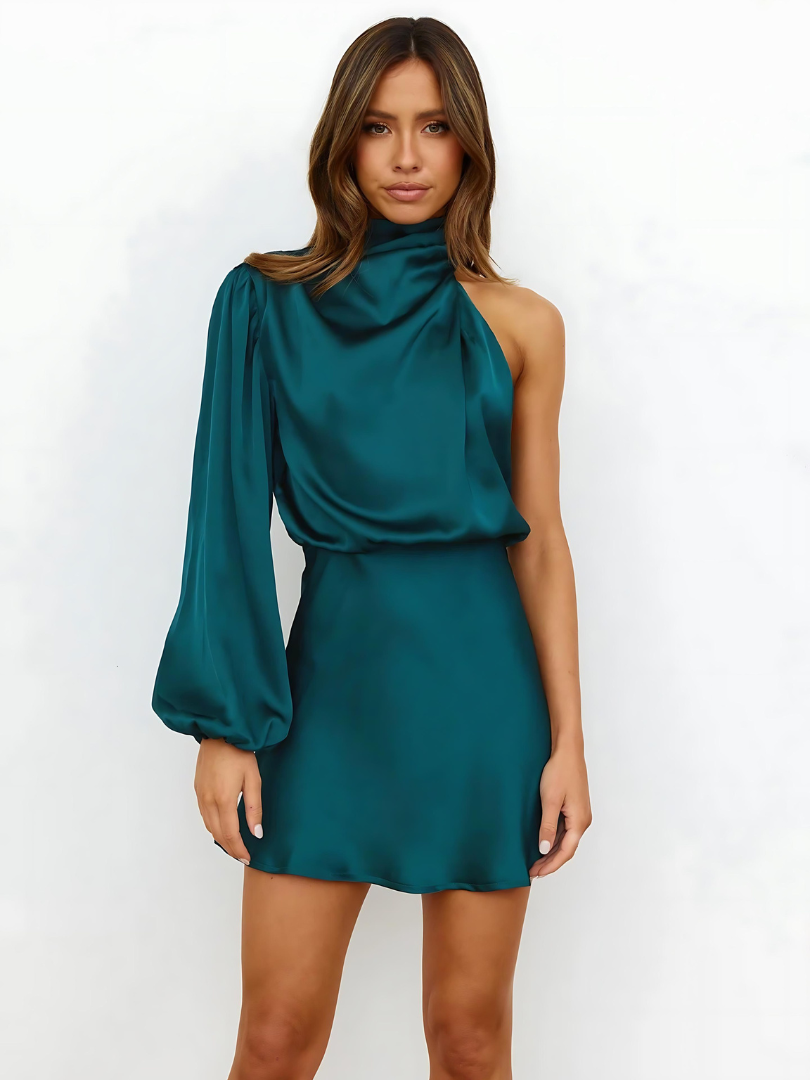 Teal satin halter mini dress with draped high neckline and long puff sleeve
