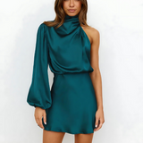 Teal satin halter mini dress with draped high neckline and long puff sleeve