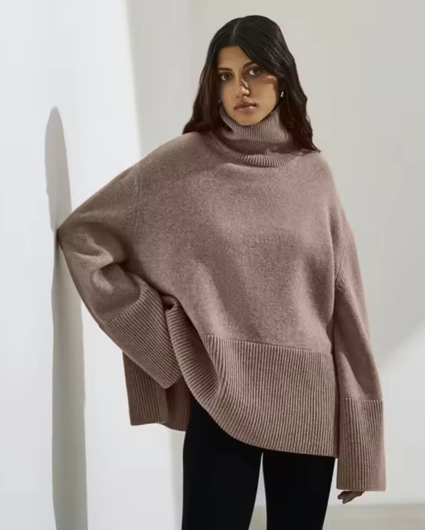 Brown knit turtleneck sweater with long sleeves and ribbed collar