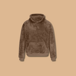 Fleece hoodie pullover in dark brown, front view with kangaroo pocket and hood.