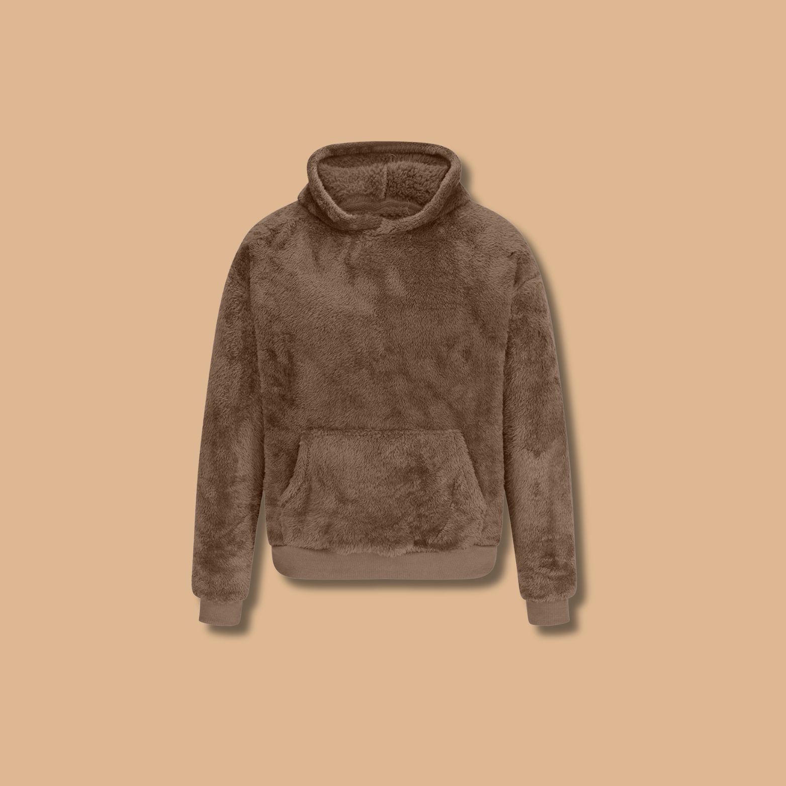 Fleece hoodie pullover in dark brown, front view with kangaroo pocket and hood.