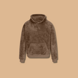 Fleece hoodie pullover in dark brown, front view with kangaroo pocket and hood.