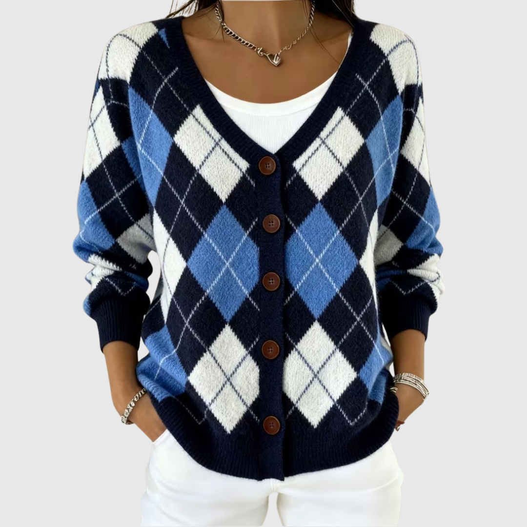 Cozy argyle knit cardigan with V-neck, dark button placket, long sleeves