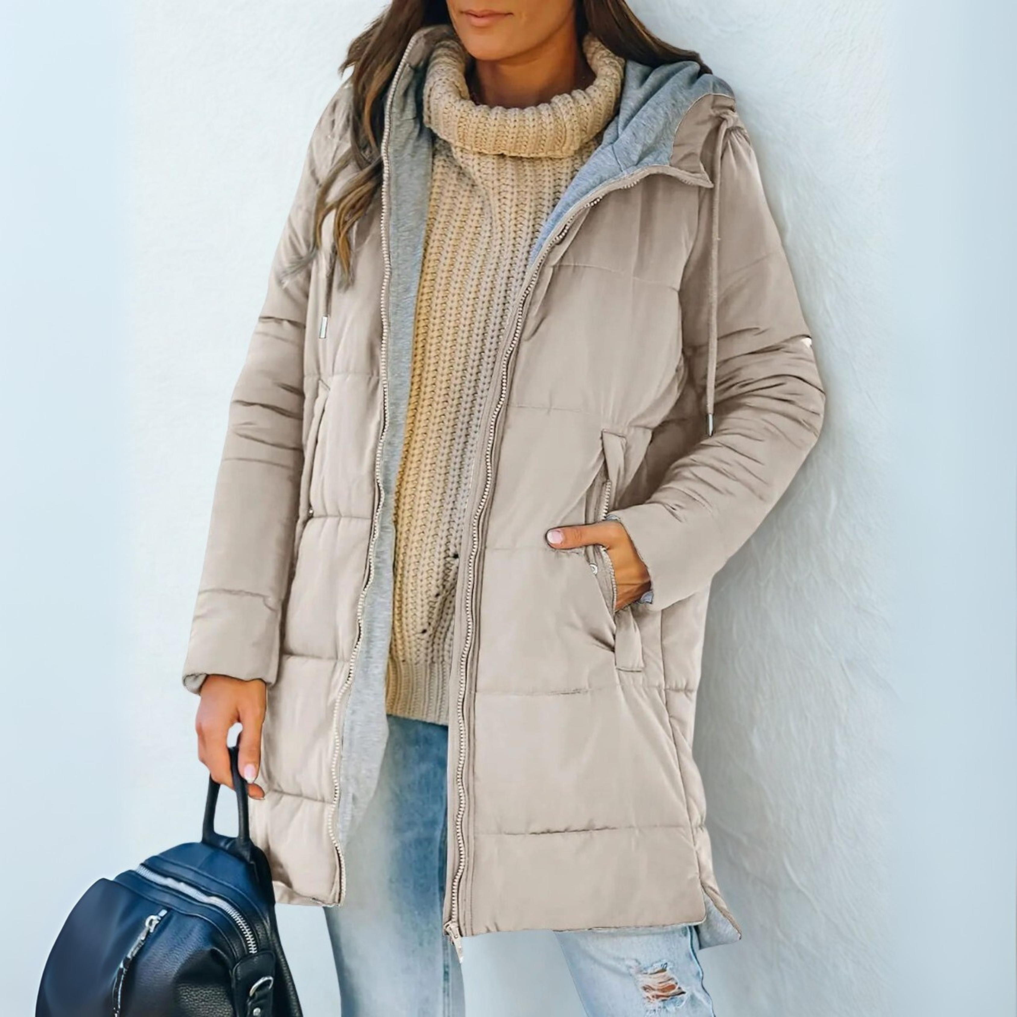 Beige hooded puffer down jacket with front zipper and side pockets